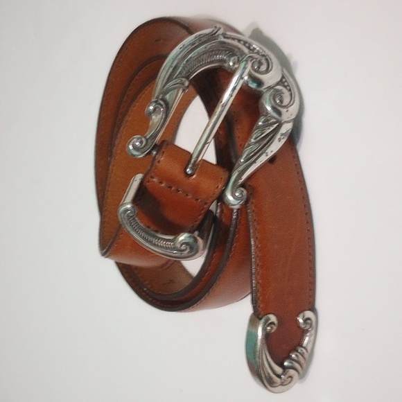 Talbots Women's Brown Leather Silver Filigree Hardware Belt - Picture 1 of 10